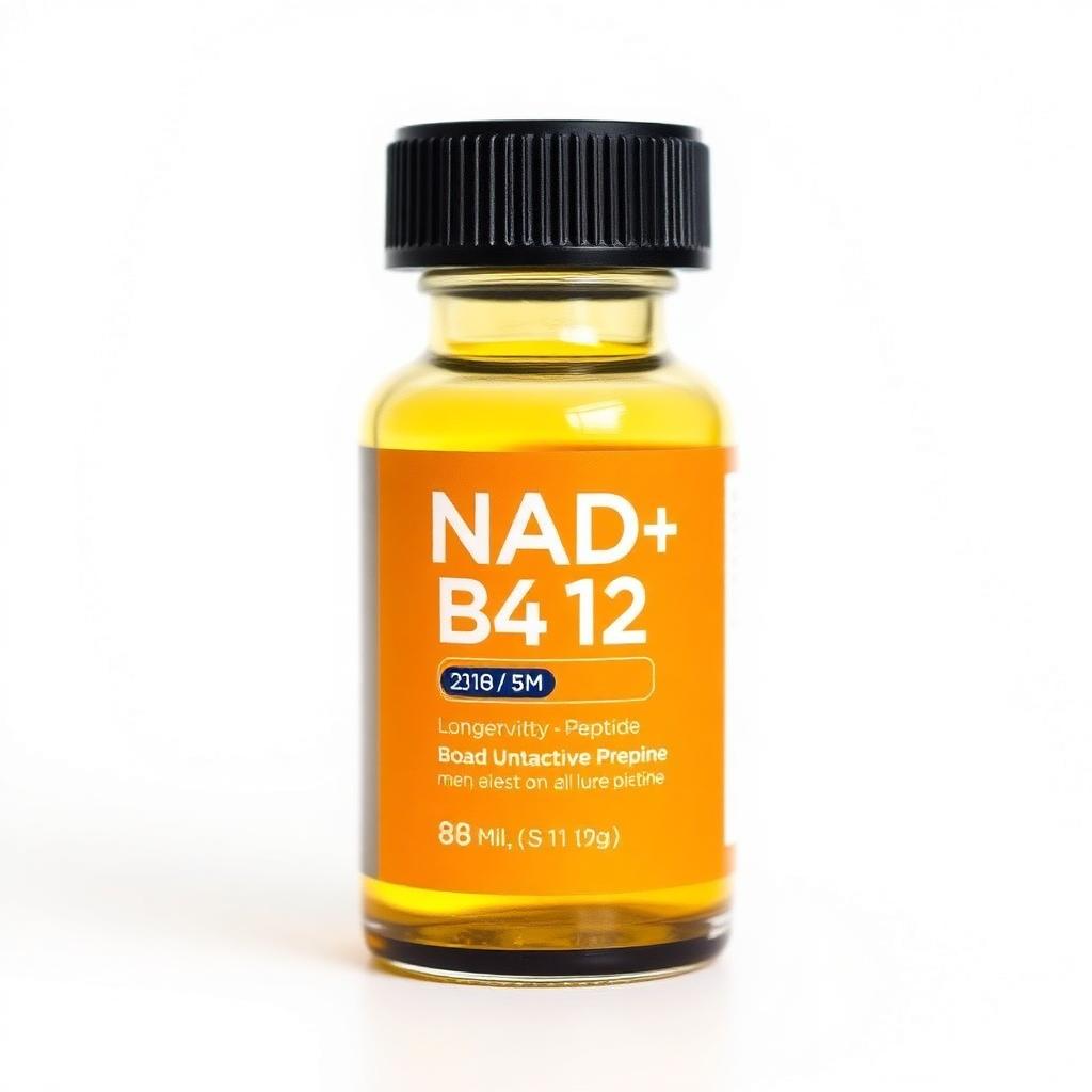 Frasco de NAD+ B12 para longevidade em fundo claro.